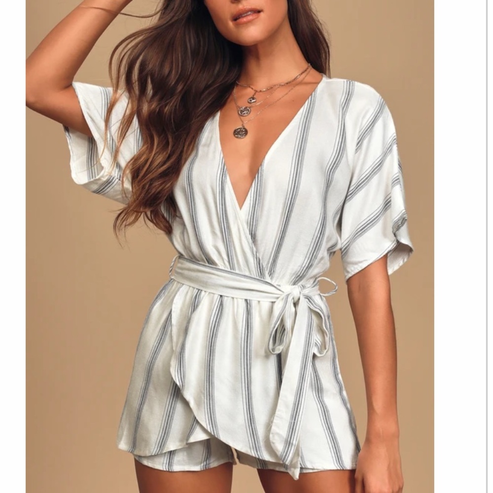 NWT Lulus Climb Aboard Grey and White Striped Romper